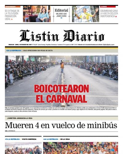 Portada Periódico Listín Diario, Lunes 04 de Marzo 2019
