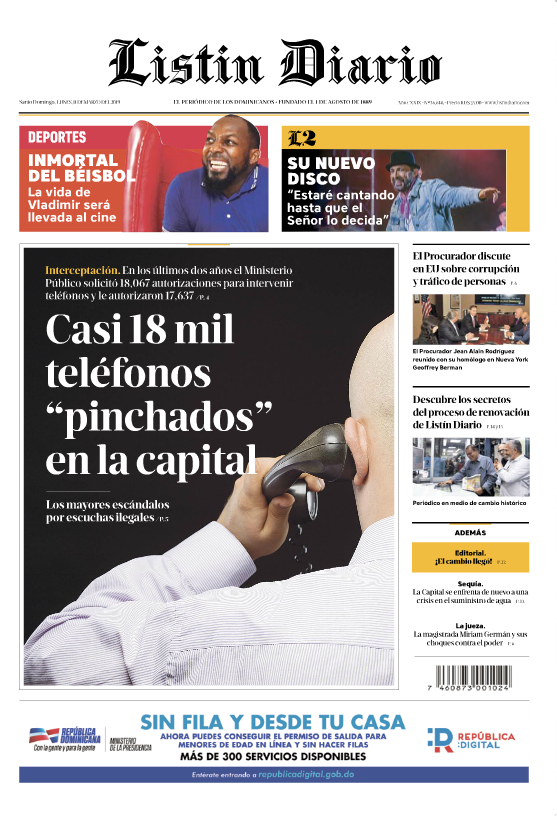 Portada Periódico Listín Diario, Lunes 11 de Marzo 2019