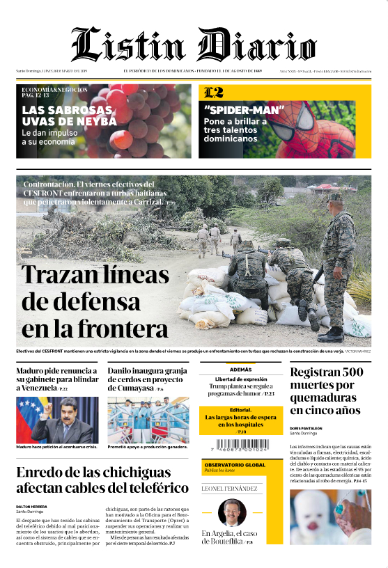 Portada Periódico Listín Diario, Lunes 18 de Marzo 2019