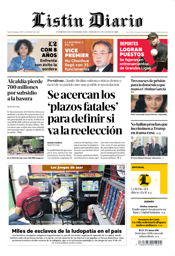 Portada Periódico Listín Diario, Lunes 25 de Marzo 2019