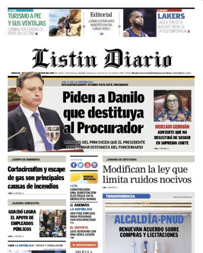 Portada Periódico Listín Diario, Miércoles 06 de Marzo 2019