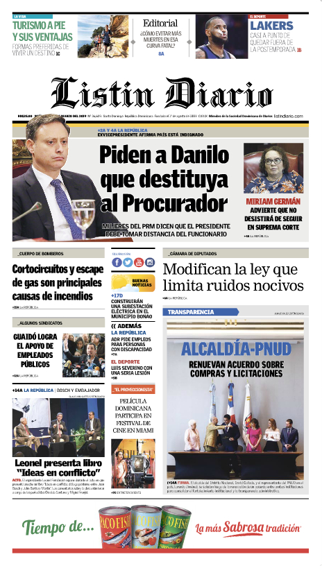 Portada Periódico Listín Diario, Miércoles 06 de Marzo 2019