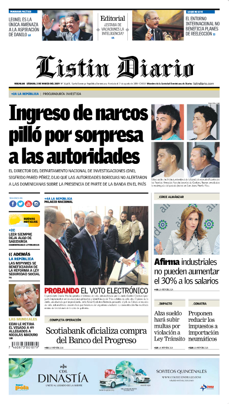 Portada Periódico Listín Diario, Sábado 02 de Marzo 2019