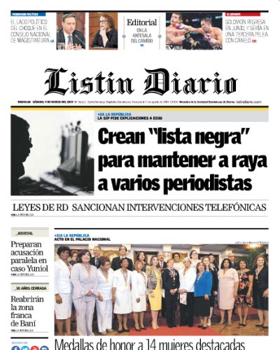 Portada Periódico Listín Diario, Sábado 09 de Marzo 2019