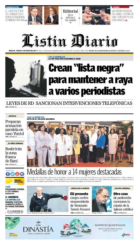 Portada Periódico Listín Diario, Sábado 09 de Marzo 2019
