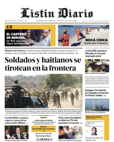 Portada Periódico Listín Diario, Sábado 16 de Marzo 2019