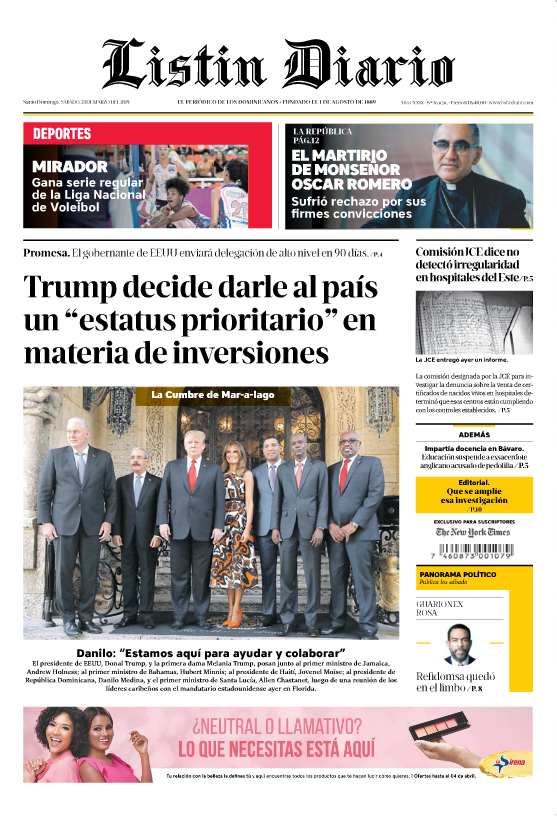 Portada Periódico Listín Diario, Sábado 23 de Marzo 2019