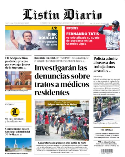 Portada Periódico Listín Diario, Sábado 30 de Marzo 2019