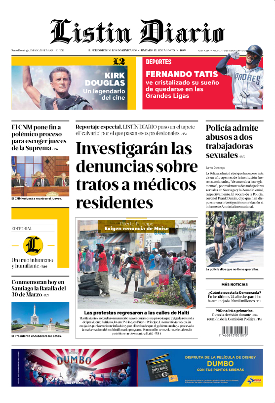 Portada Periódico Listín Diario, Sábado 30 de Marzo 2019
