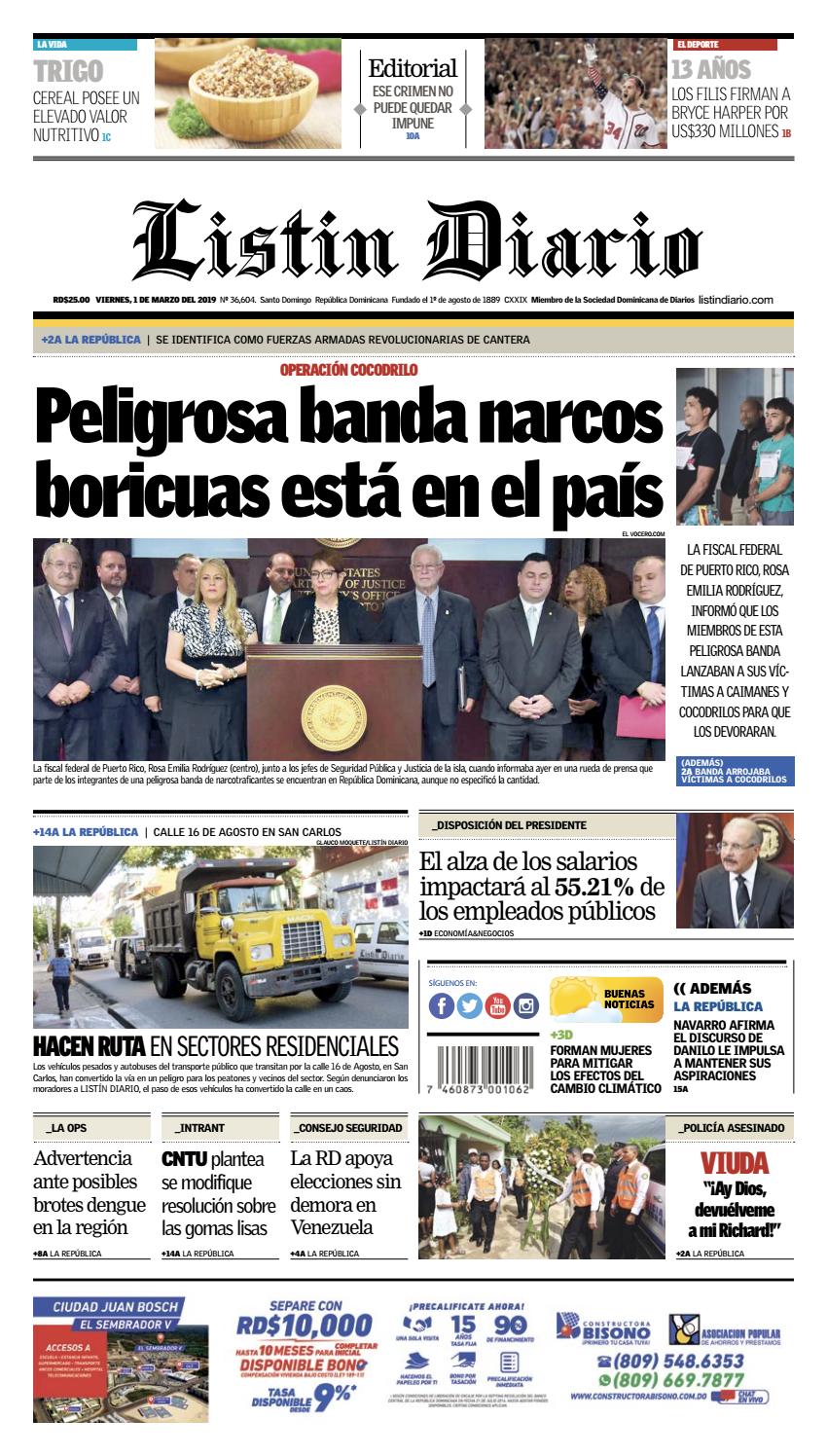 Portada Periódico Listín Diario, Viernes 01 de Marzo 2019