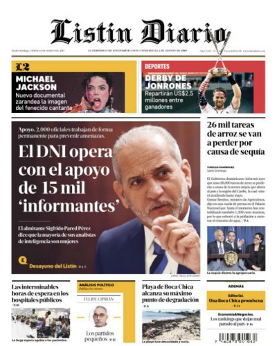 Portada Periódico Listín Diario, Viernes 15 de Marzo 2019