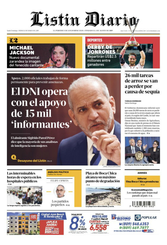 Portada Periódico Listín Diario, Viernes 15 de Marzo 2019