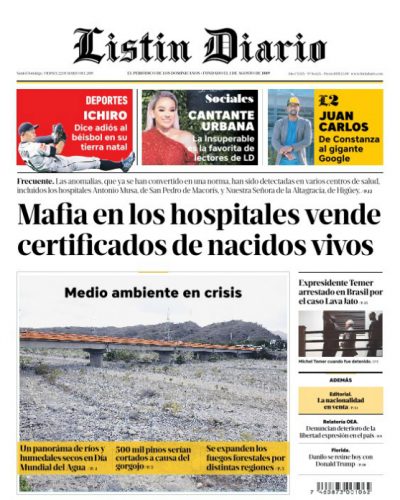 Portada Periódico Listín Diario, Viernes 22 de Marzo 2019