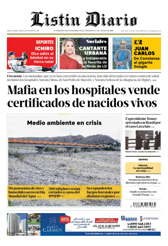 Portada Periódico Listín Diario, Viernes 22 de Marzo 2019