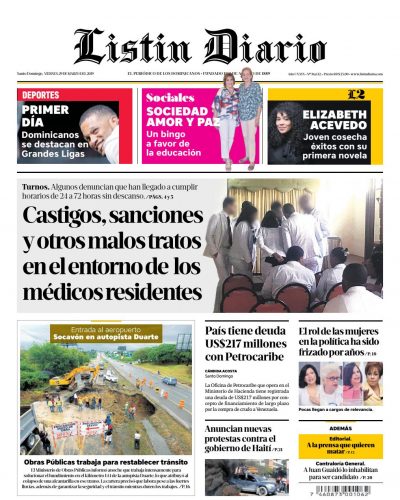 Portada Periódico Listín Diario, Viernes 29 de Marzo 2019