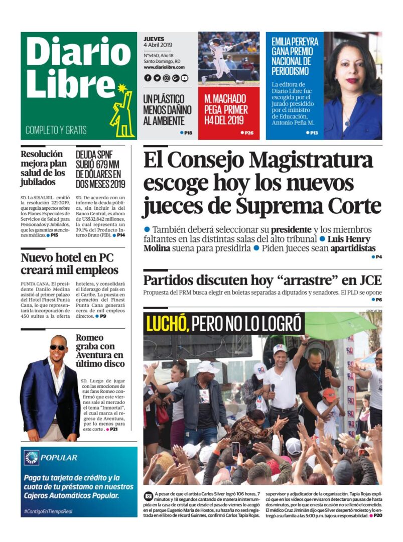 Portada Periódico Diario Libre, Jueves 04 Abril 2019
