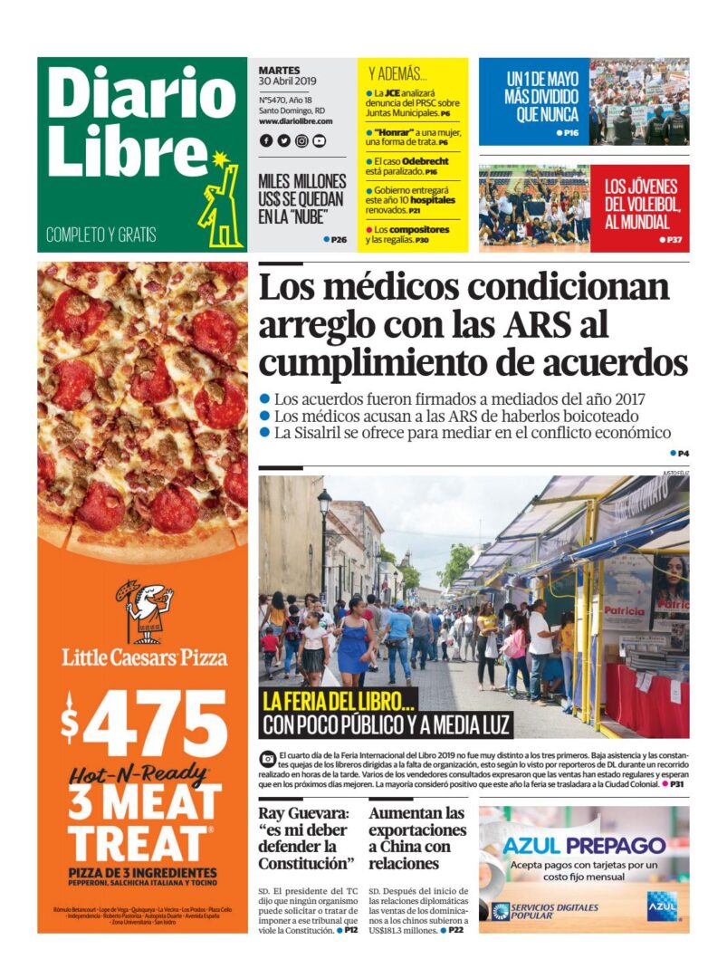 Portada Periódico Diario Libre, Martes 30 Abril 2019
