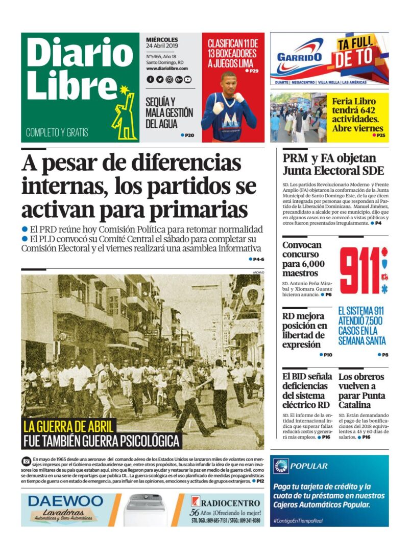 Portada Periódico Diario Libre, Miércoles 24 Abril 2019