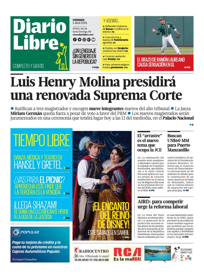 Portada Periódico Diario Libre, Viernes 05 Abril 2019
