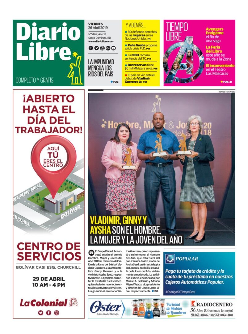 Portada Periódico Diario Libre, Viernes 26 Abril 2019