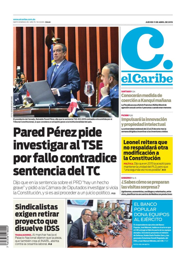 Portada Periódico El Caribe, Jueves 11 Abril 2019