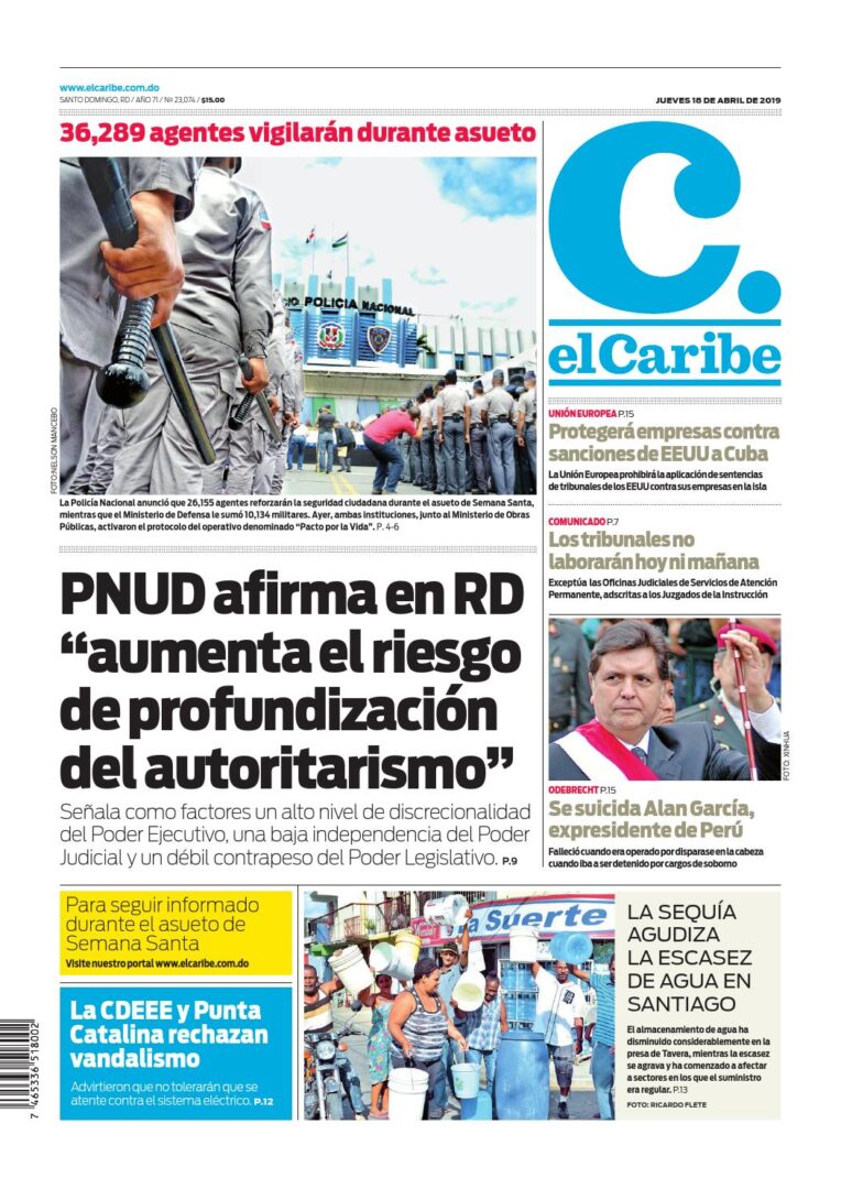 Portada Periódico El Caribe, Jueves 18 Abril 2019