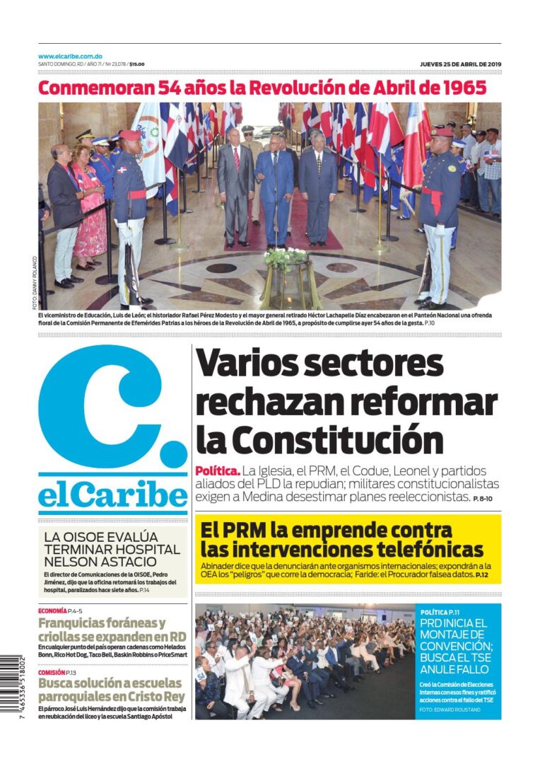 Portada Periódico El Caribe, Jueves 25 Abril 2019