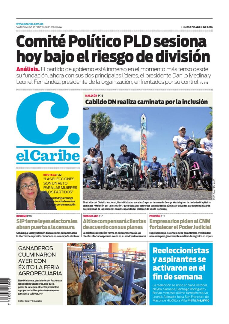 Portada Periódico El Caribe, Lunes 01 Abril 2019