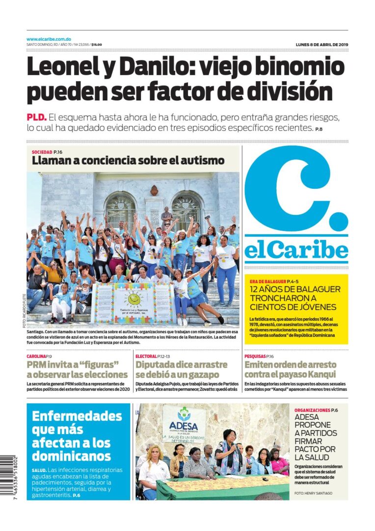Portada Periódico El Caribe, Lunes 08 Abril 2019