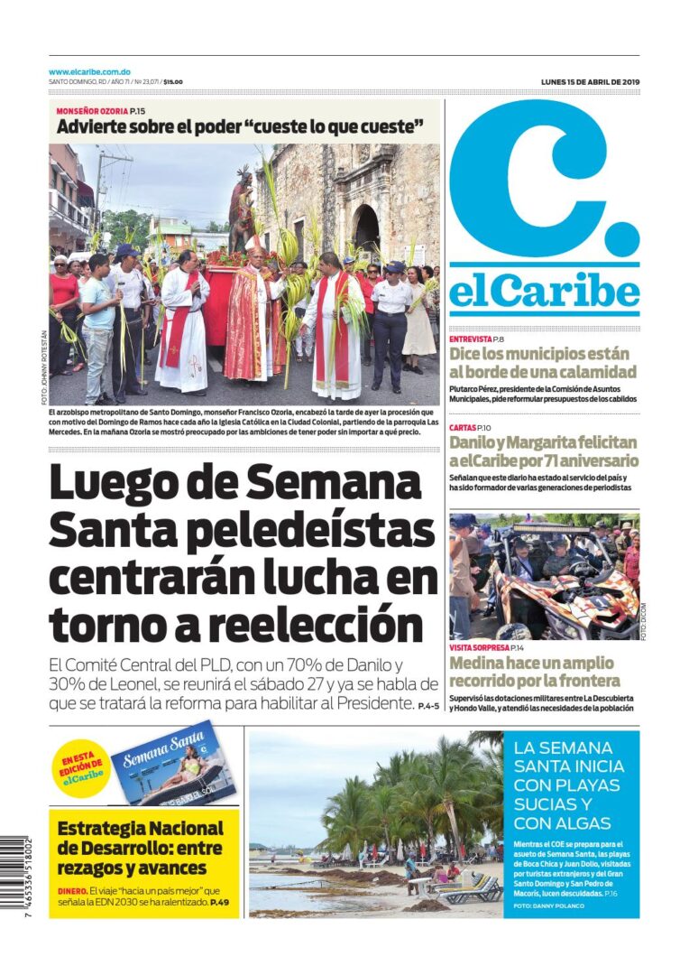 Portada Periódico El Caribe, Lunes 15 Abril 2019