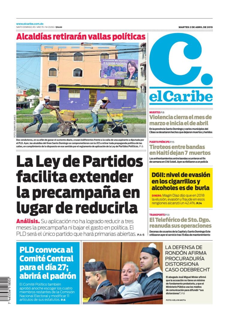 Portada Periódico El Caribe, Martes 02 Abril 2019