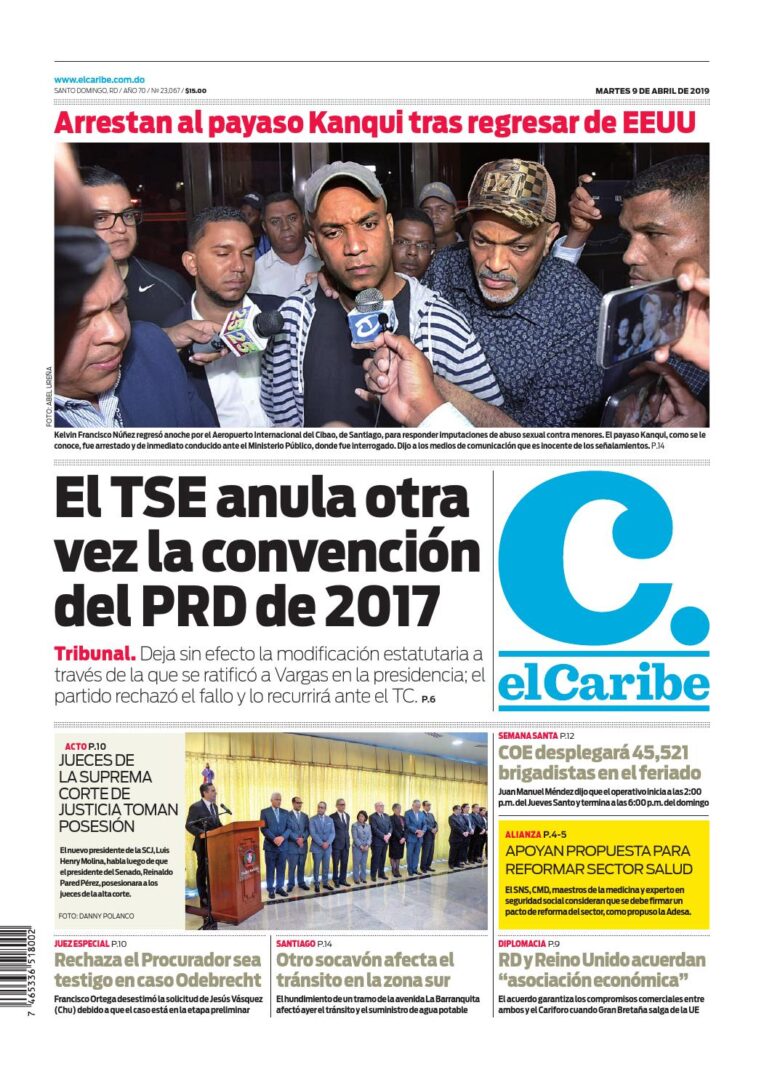 Portada Periódico El Caribe, Martes 09 Abril 2019