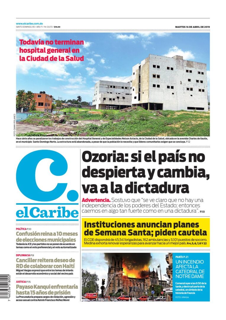 Portada Periódico El Caribe, Martes 16 Abril 2019
