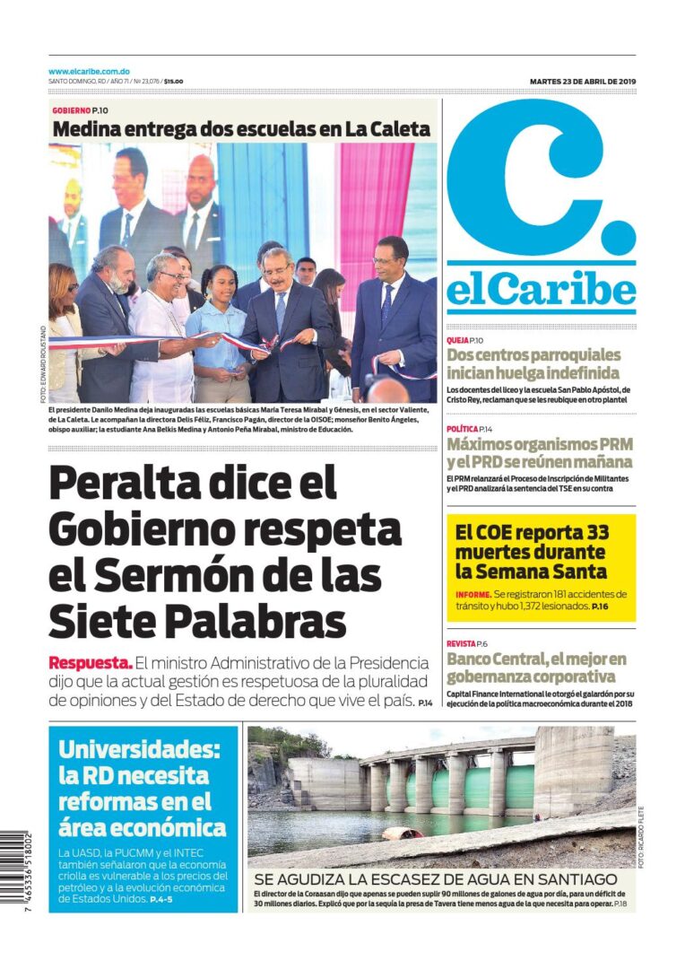 Portada Periódico El Caribe, Martes 23 Abril 2019