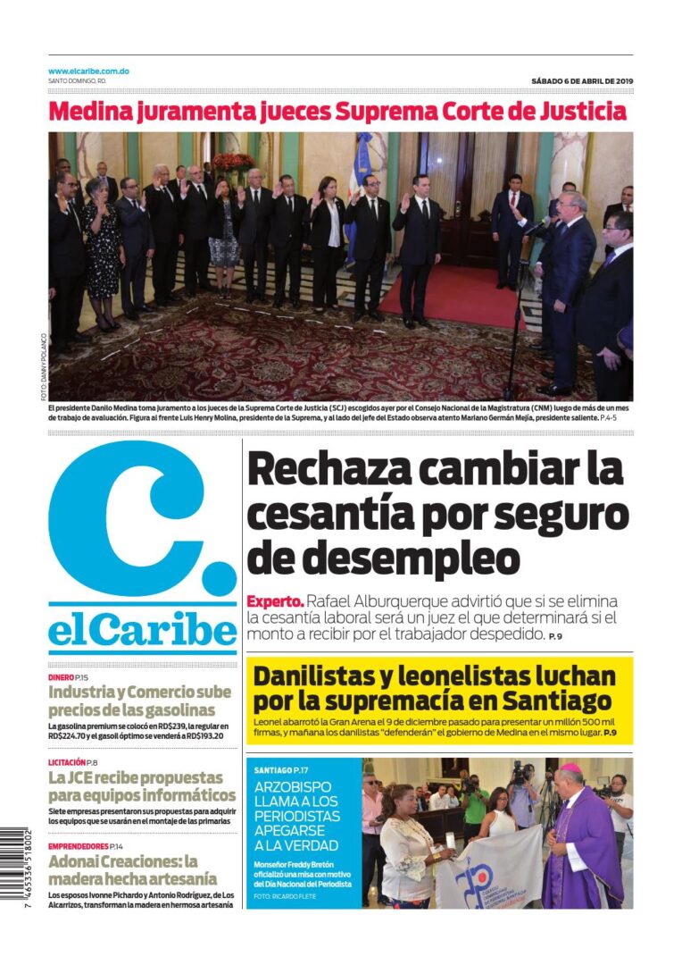 Portada Periódico El Caribe, Sábado 06 Abril 2019