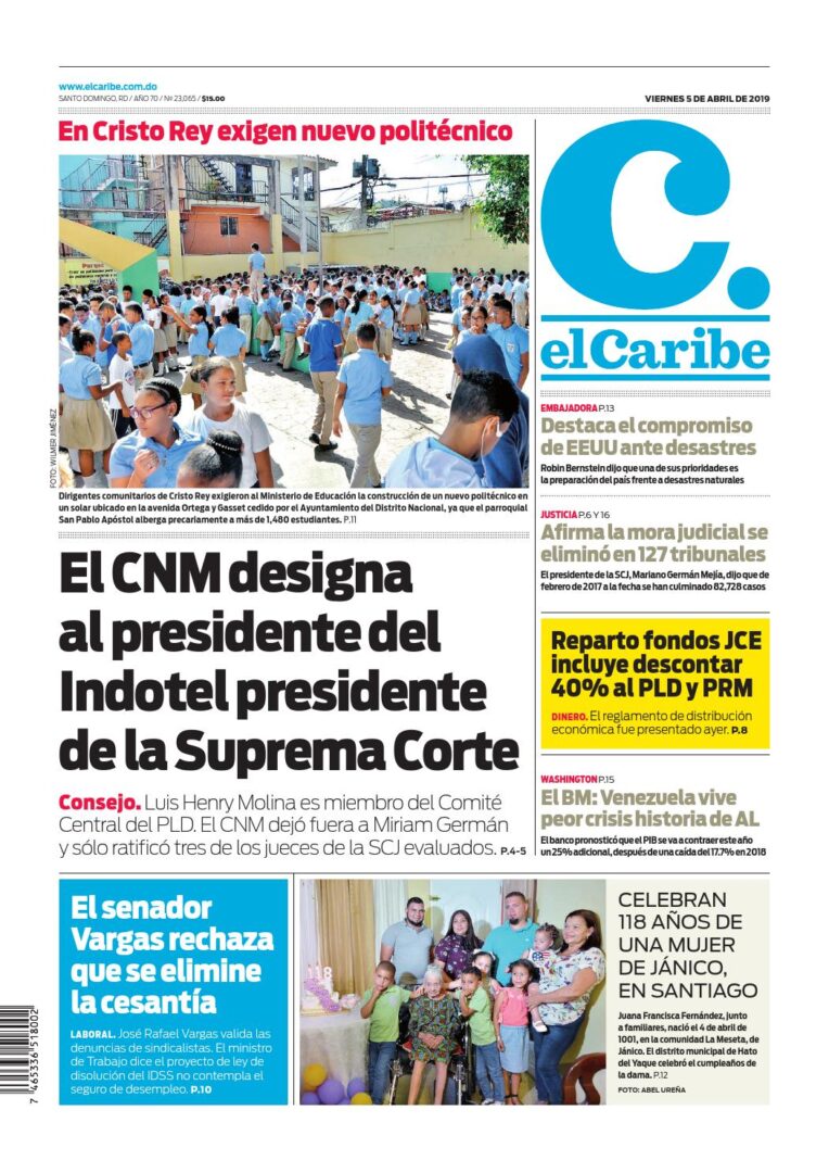 Portada Periódico El Caribe, Viernes 05 Abril 2019