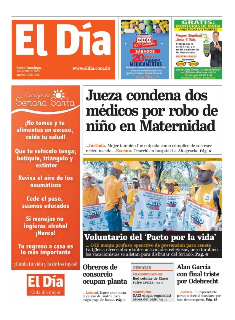 Portada Periódico El Día, Jueves 18 Abril 2019