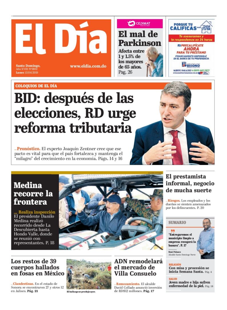 Portada Periódico El Día, Lunes 15 Abril 2019