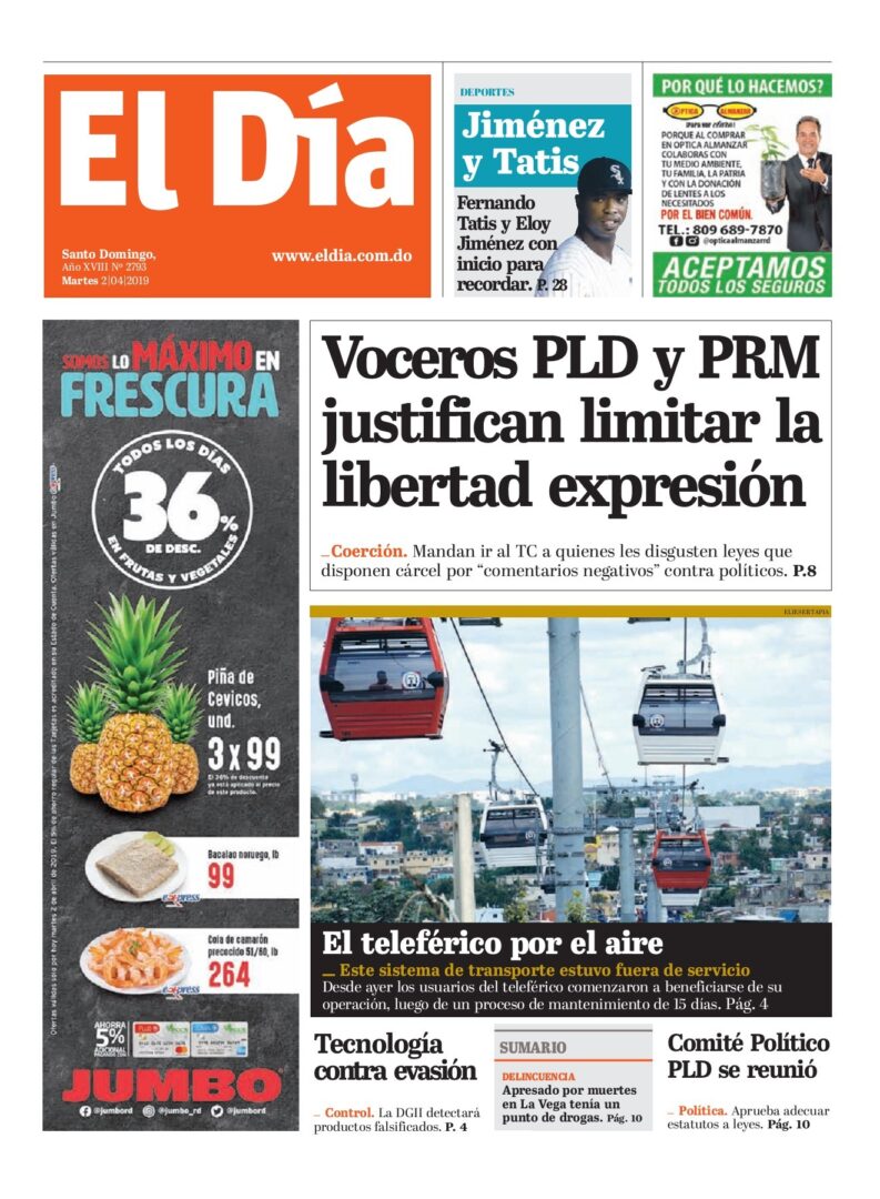 Portada Periódico El Día, Martes 02 Abril 2019