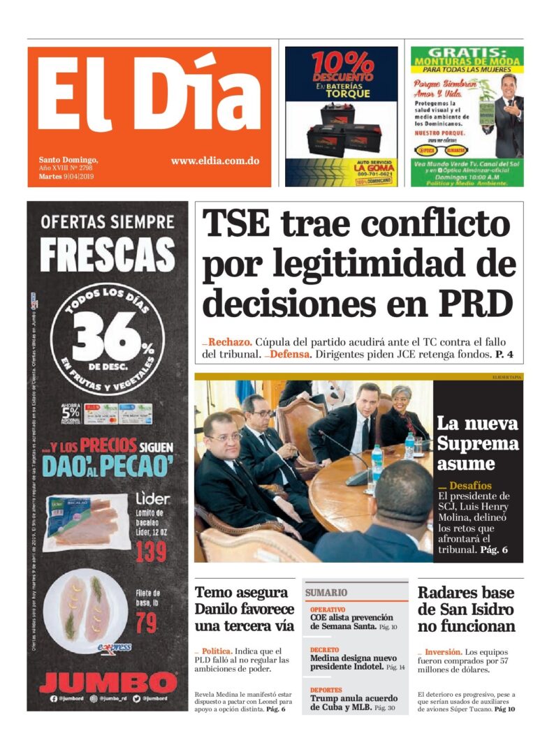 Portada Periódico El Día, Martes 09 Abril 2019