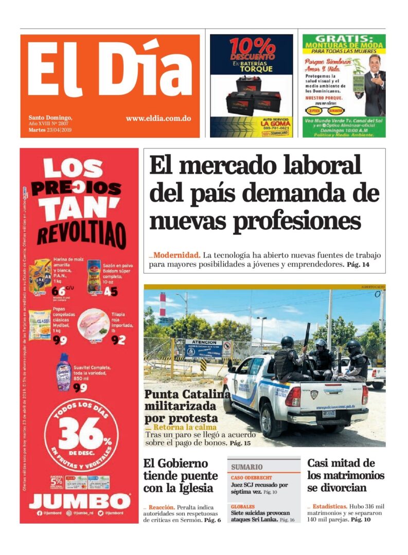 Portada Periódico El Día, Martes 23 Abril 2019