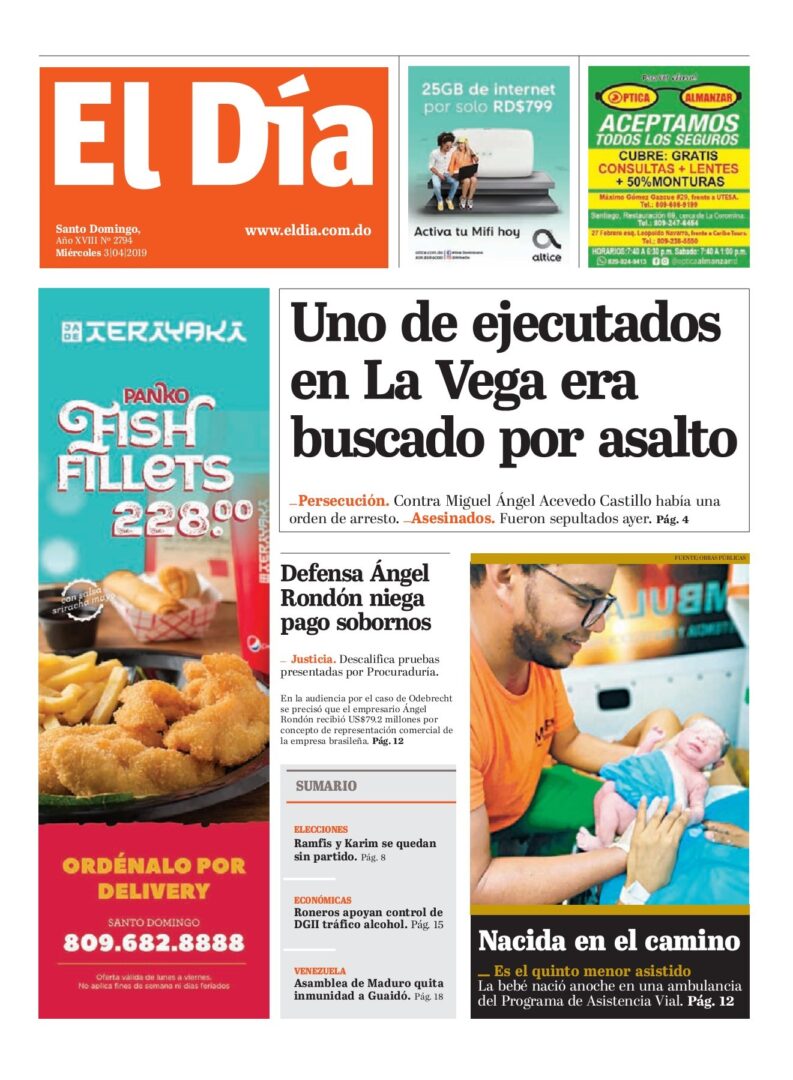 Portada Periódico El Día, Miércoles 03 Abril 2019