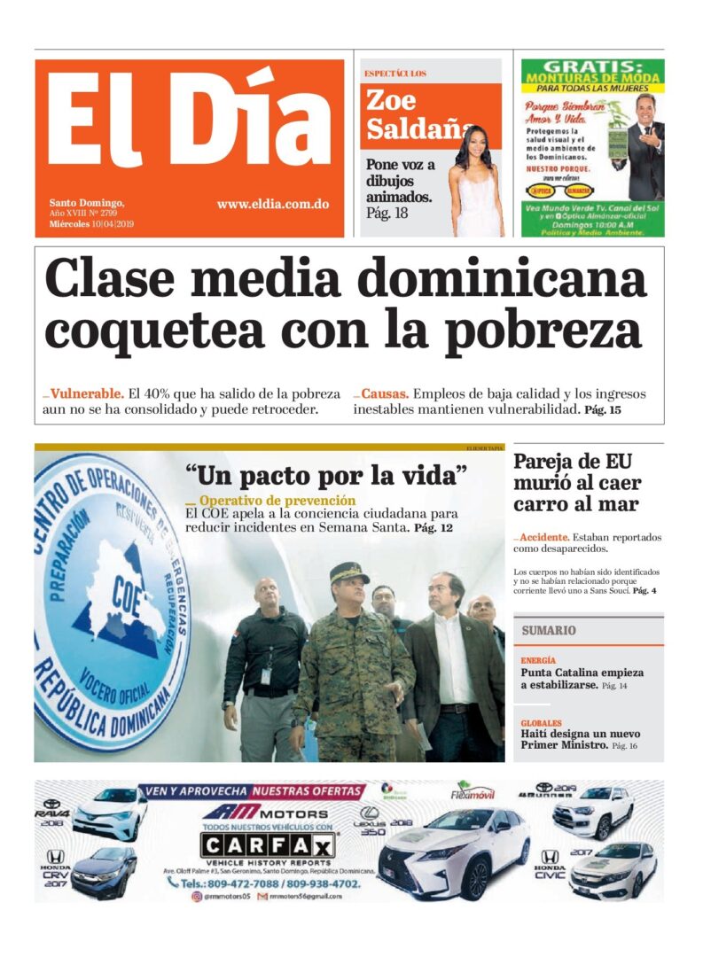 Portada Periódico El Día, Miércoles 10 Abril 2019