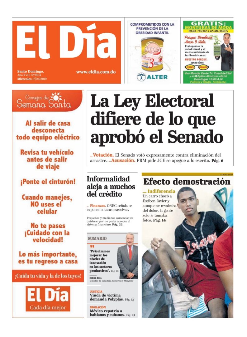 Portada Periódico El Día, Miércoles 17 Abril 2019