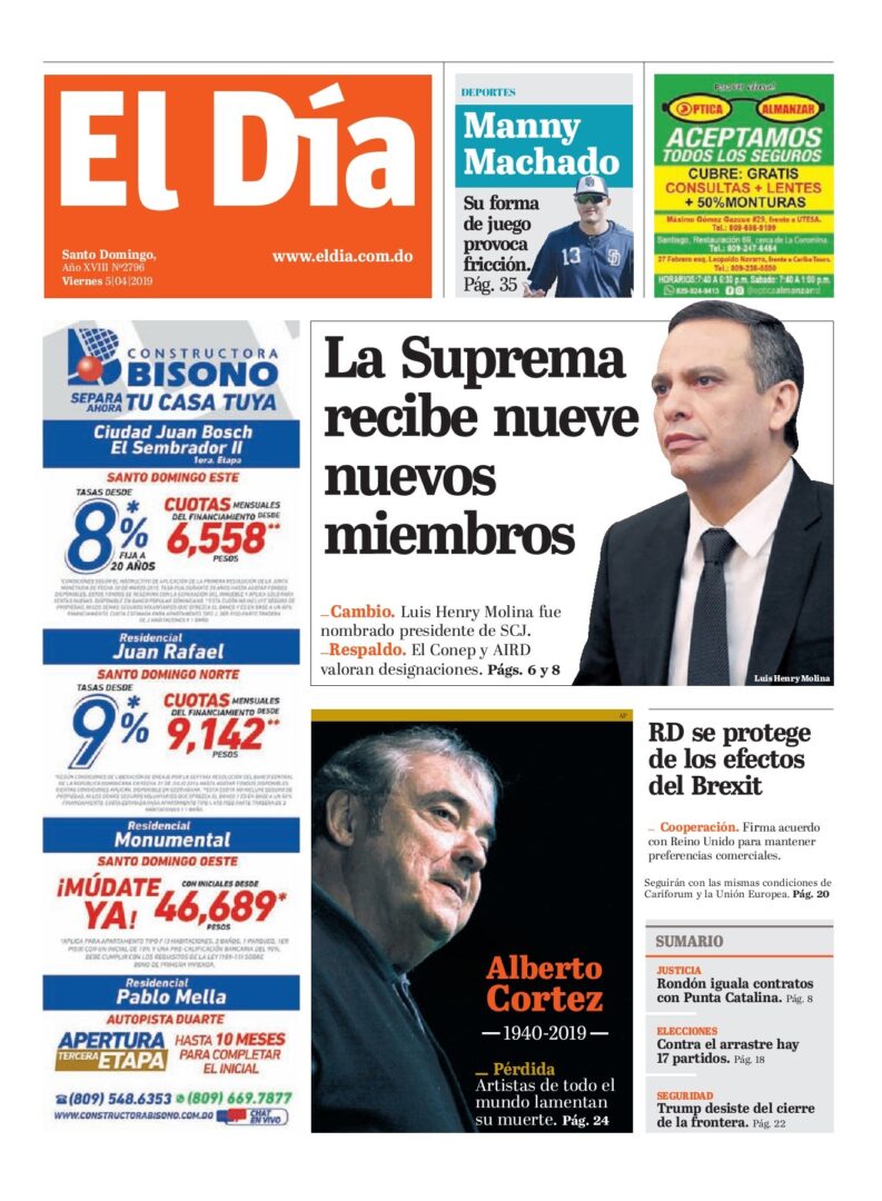 Portada Periódico El Día, Viernes 05 Abril 2019
