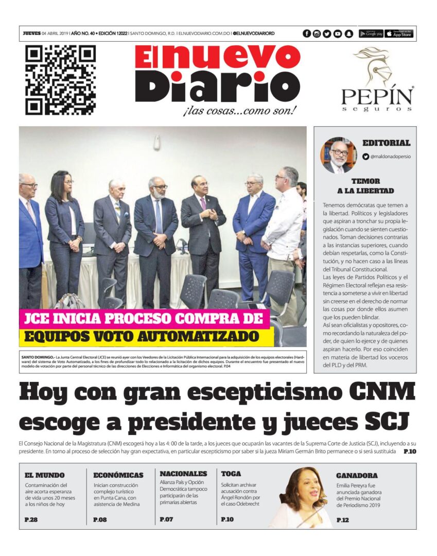 Portada Periódico El Nuevo Diario, Jueves 04 Abril 2019