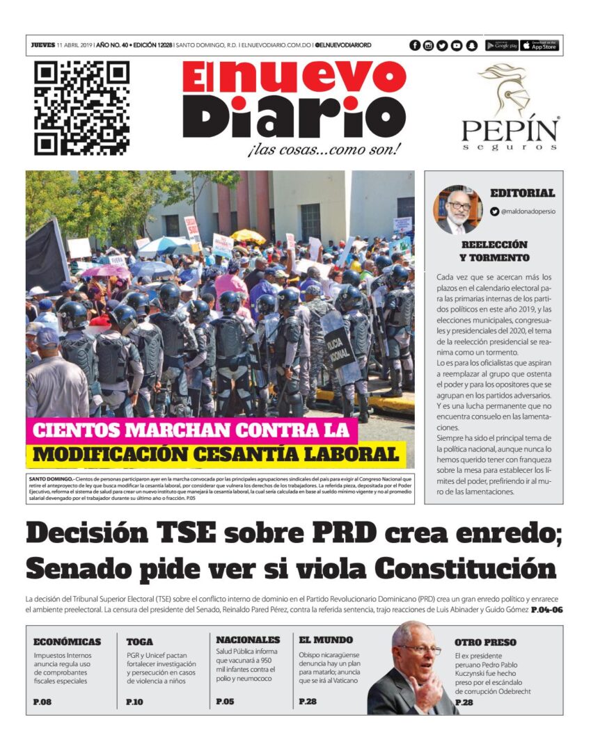 Portada Periódico El Nuevo Diario, Jueves 11 Abril 2019