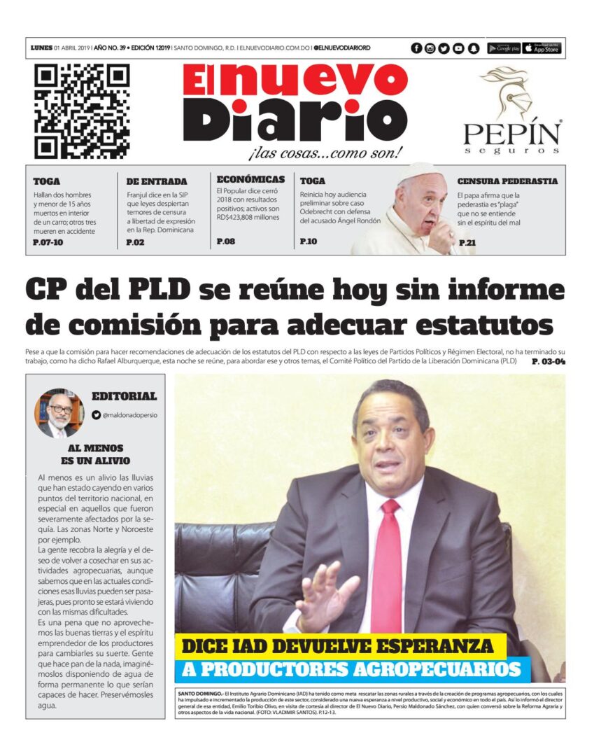 Portada Periódico El Nuevo Diario, Lunes 01 Abril 2019