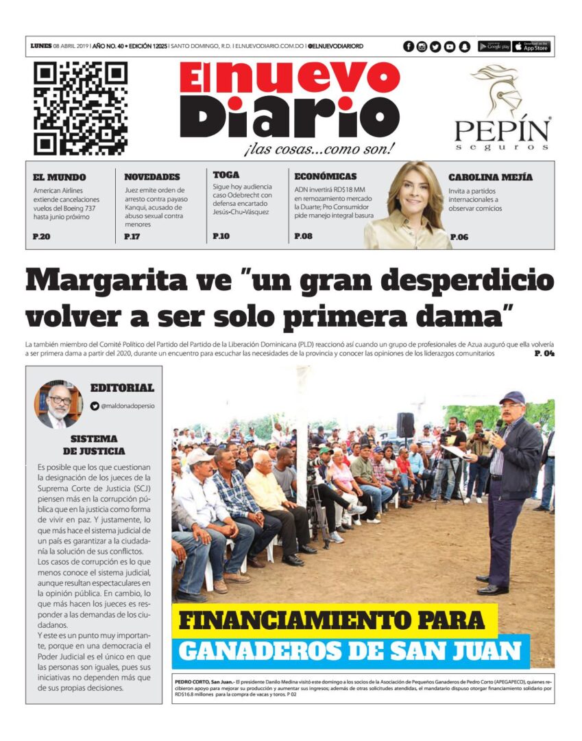 Portada Periódico El Nuevo Diario, Lunes 08 Abril 2019