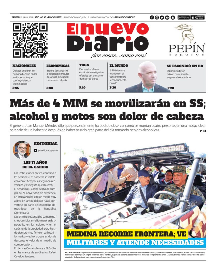 Portada Periódico El Nuevo Diario, Lunes 15 Abril 2019